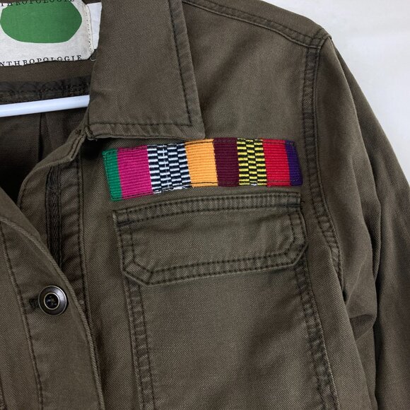 Anthropologie Sz XS Army Green Military Shirt Jacket Beaded Patches Button Down - Picture 7 of 9